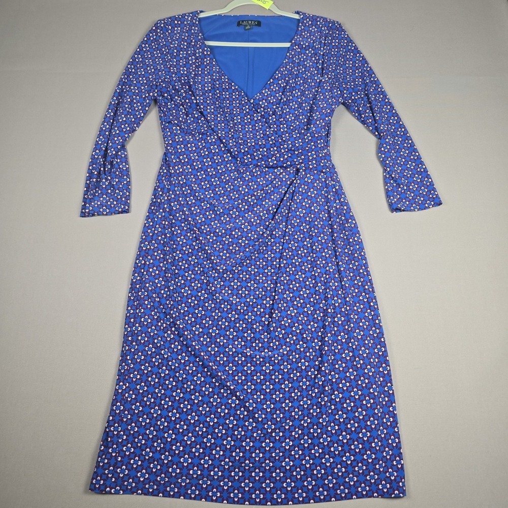 Lauren Ralph Lauren Blue Geometric Faux Wrap Dress Size 12 Stretch Jersey Matte